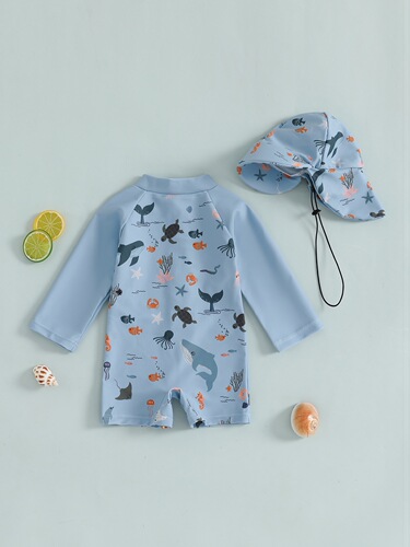 Kids Long Boys Sleeve Swimwear Casual Marine Animal Print