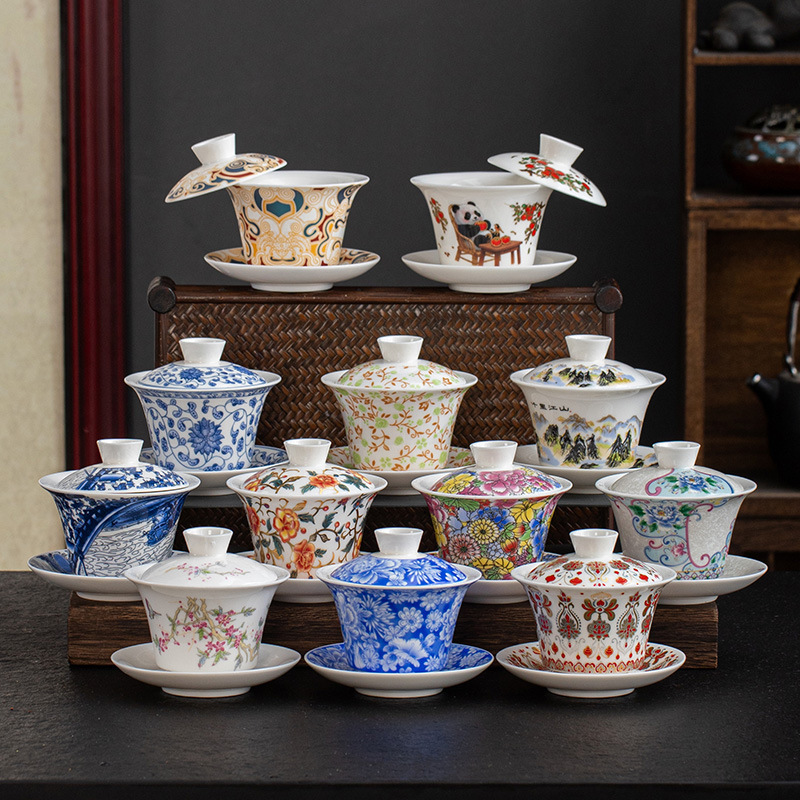 Ceramic Dehua Gaiwan Tea Bowl with White Jadeite, Three-Talent White Porcelain Gaiwan, Single Tea Set, Suspended Kung Fu Tea Bowl for Home Use Ceramic Dehua Gaiwan Tea Bowl with White Jadeite, Three-Talent White Porcelain Gaiwan, Single Tea Set, Suspended Kung Fu Tea Bowl for Home Use