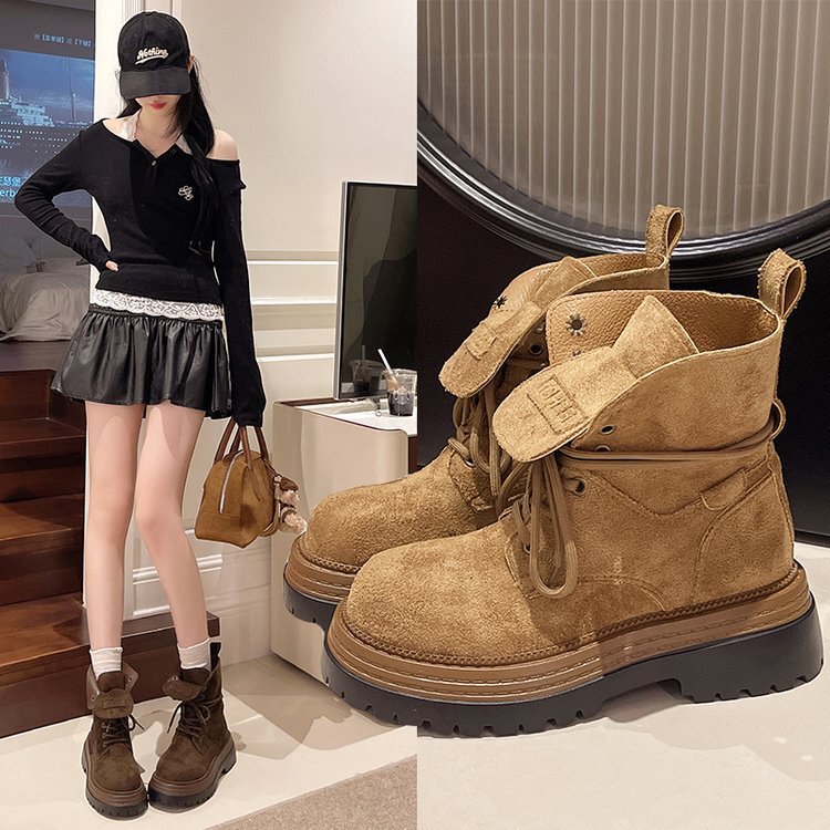 牛皮版~美拉德棕色机车大头英伦中筒短靴厚底增高小个子马丁靴女|undefined