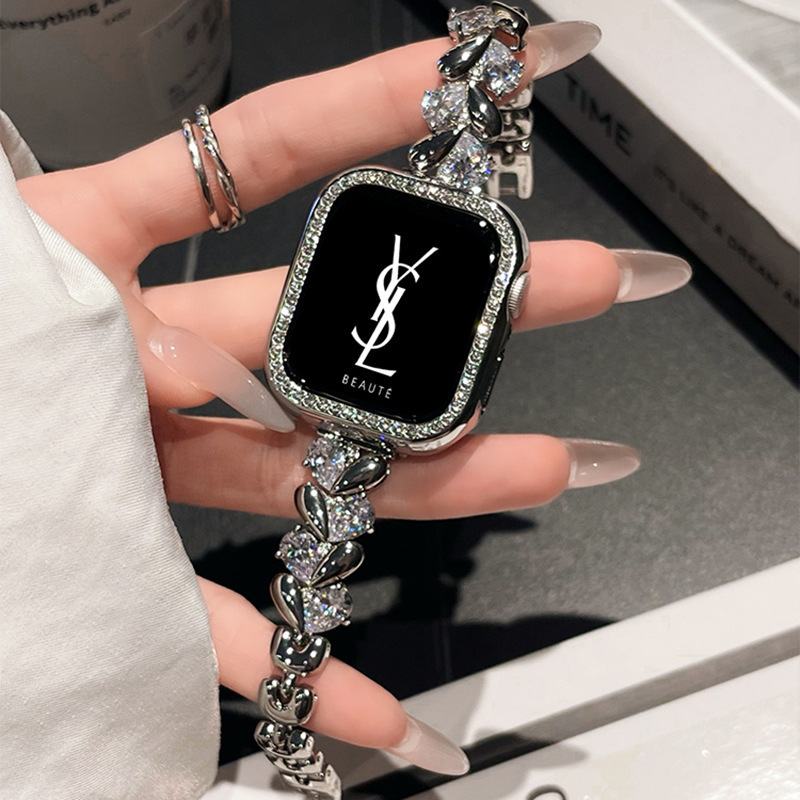 Heart-Shaped Stone Watch Strap Suitable for Apple Watch Apple 9 Watch Iwatch11 Metal High-End Chanel Style S10 Heart-Shaped Stone Watch Strap Suitable for Apple Watch Apple 9 Watch Iwatch11 Metal High-End Chanel Style S10