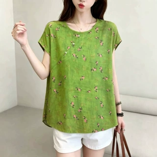夏季新款花色棉绸斜拼钉珠T恤圆领短袖宽松打底衫休闲百搭女上衣