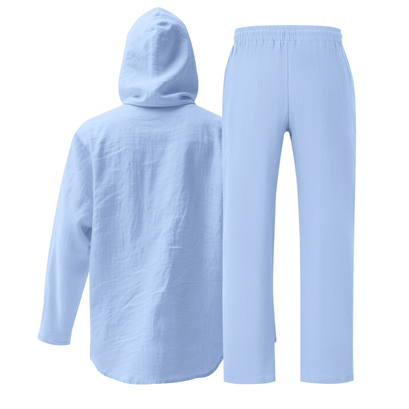 Men's Casual Breathable Linen Hooded Long Sleeve Shirt Cardigan Spring Summer Style Loose Fit Set_viptrois.com