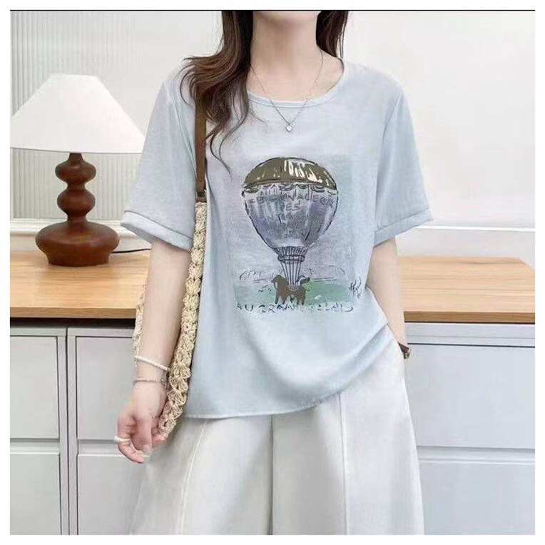 Dropshipping 2026 Summer New Casual Top, Stylish Slimming Hot Air Balloon Print Shirt, Plus Size Versatile Shirt