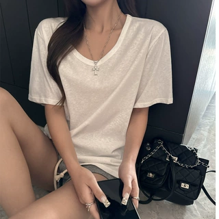 雪花棉夏季V领慵懒风简约宽松正肩短袖大t恤女式韩系休闲遮肉上衣