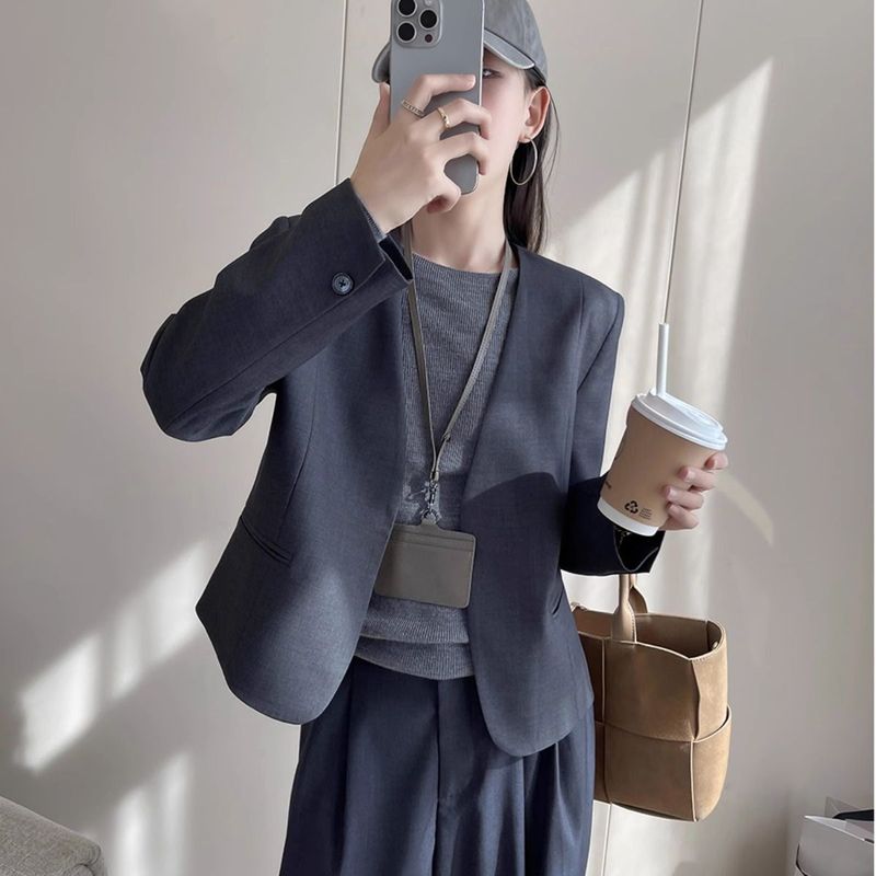 灰色休闲简约V领长袖西装外套女春季2025通勤利落小个子气质西服|undefined