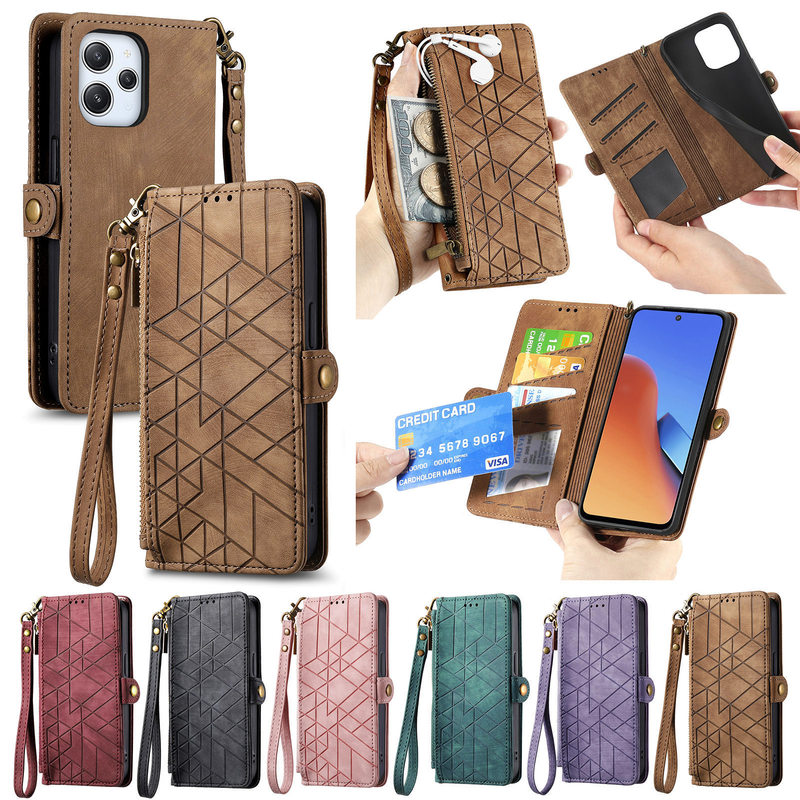 Suitable for Redmi 15C Mobile Phone Leather Case with Geometric Zipper Lanyard Wallet Card Holder Xiaomi 17 Protective Case
