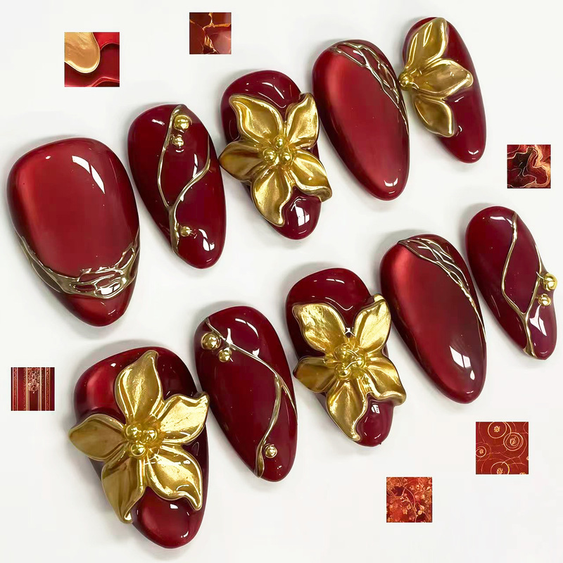 Cinnabar Red 3D Gold-Plated Flower Wide Cat Eye Press-On Nails, High-Quality Cross-Border Fashionable Ins Style European and American Nail Stickers Cinnabar Red 3D Gold-Plated Flower Wide Cat Eye Press-On Nails, High-Quality Cross-Border Fashionable Ins Style European and American Nail Stickers