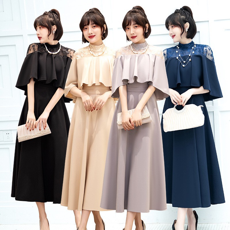 Black Evening Dress Women's 2024 New Summer Banquet Elegant Elegant Celebrity Slimming Dress Mid-length Evening Dress
