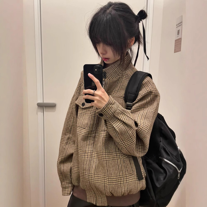 Oclin Houndstooth Harrington Wool Jacket Men's Autumn and Winter High-End Short Stand-Up Collar Cleanfit Jacket