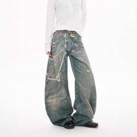 美式2026男女同款休闲宽松显瘦长裤复古糖果链条印花弯刀型牛仔裤