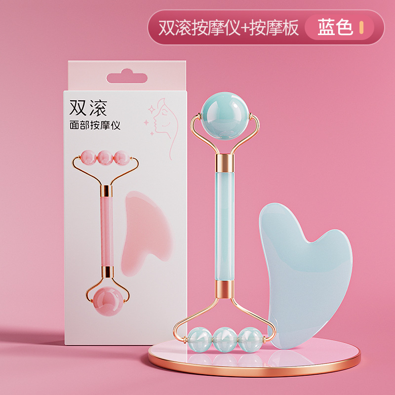 Nuevo rodillo de doble cabeza masaje facial no jade ojo facial levantamiento de masaje apretado conjunto de herramientas de belleza