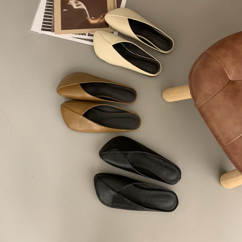 Vintage Chunky Heel Flat Heel Baotou Half Slippers Women's Spring and Summer Outfit Fashion Lazy Sandals and Slippers Square Heel Low Heel Muller Shoes