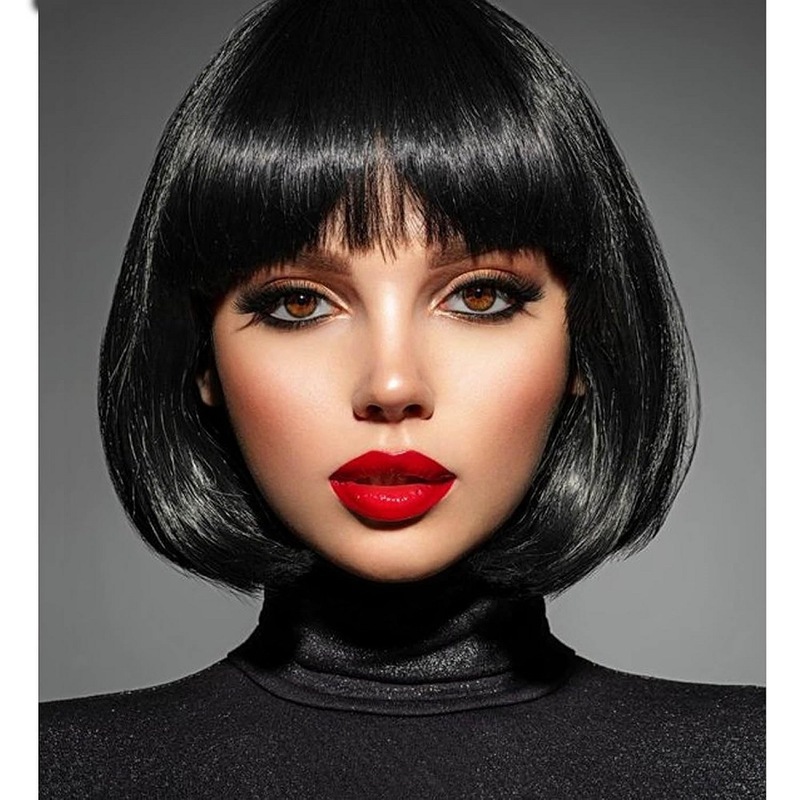 European and American Lace Front Wig Bobo Style Black Short Hair Wig High-Temperature Fiber Middle Part Inward Curl Short Straight Hair Wholesale