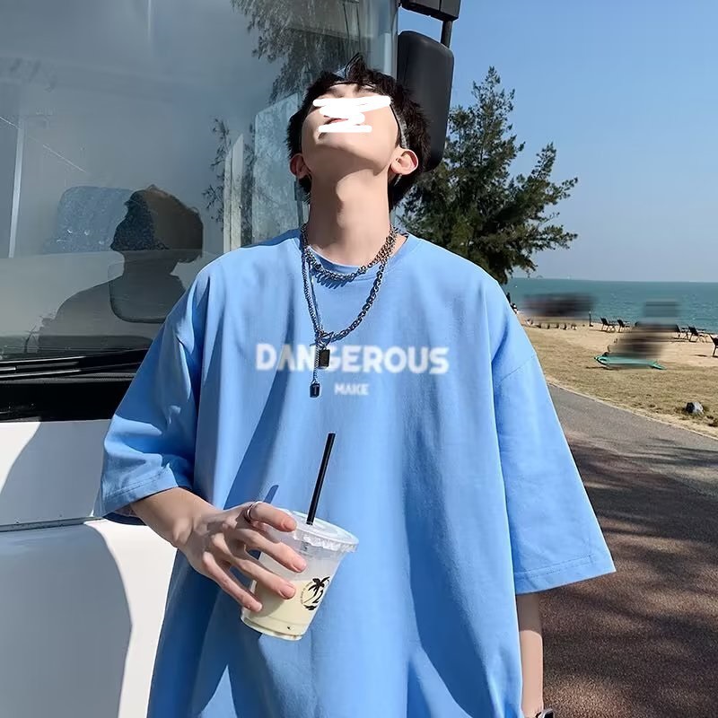 여름 홍콩 스타일 인스 타 그램 스타일 일본 티셔츠 플러스 사이즈 대형 뚱뚱한 남자 느슨한 티셔츠 간단한 대형 남성 짧은 소매 편지