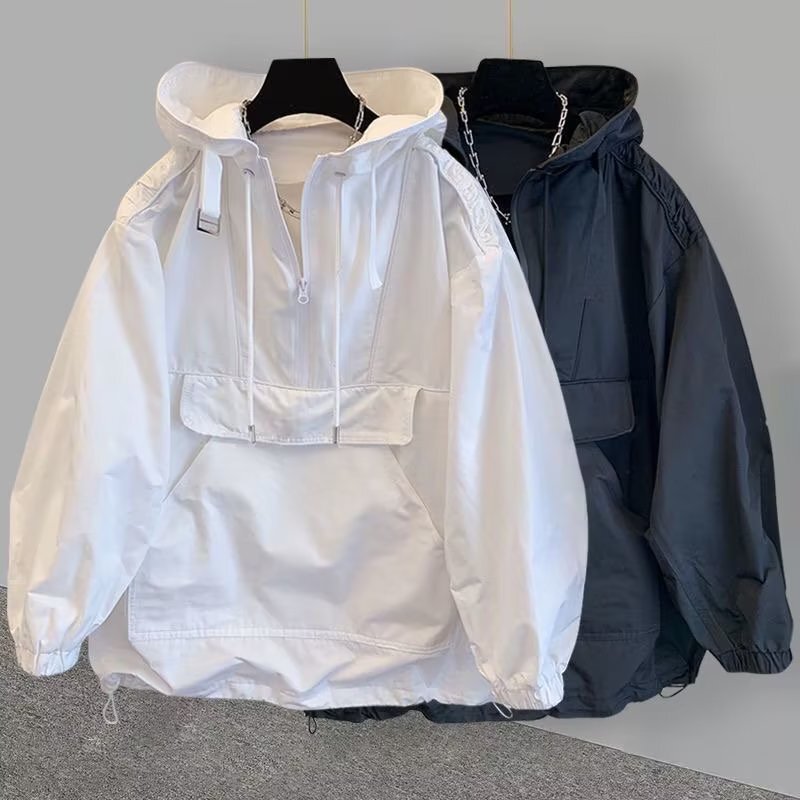 Trendy Brand Pocket Tooling Stitching Design Sense Hooded Sunscreen Jacket Men's Thin Trendy Loose Russo Trendy Coat Windbreaker