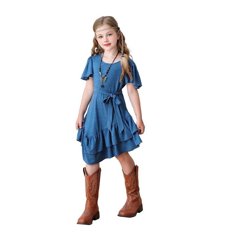 Bohemian Girl dress Ruffled Children's Clothing Carnival Performance Dress Party Dress Hippie Denim Style