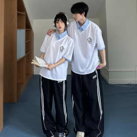 实拍情侣装夏季校园风条纹拼色假两件衫中小学生班服套装