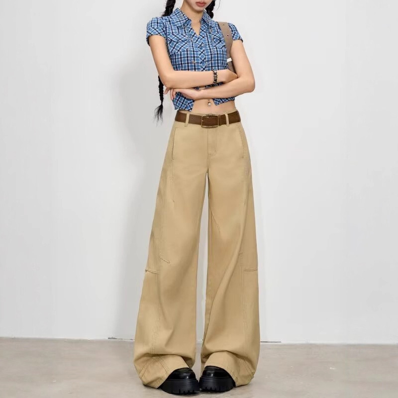 Khaki Retro Scimitar Jeans Women's 2025 New Summer Loose Floor-Mopping Casual Straight-Leg American Wide-Leg Pants