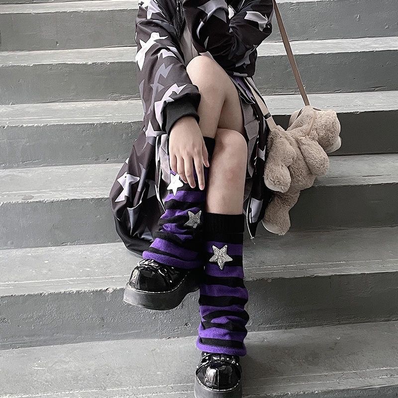 Y2k gray pink subculture striped star calf jk spicy girl knitted bubble pile socks long_voghion.com