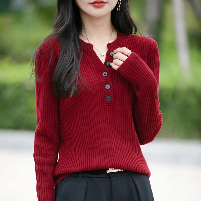 红色V领显瘦针织打底衫女2025秋冬新款洋气内搭大码女装针织毛衣|undefined