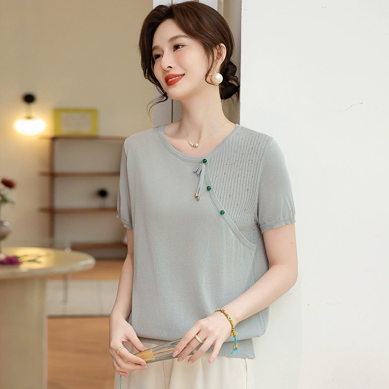 Мама летнее платье с короткими рукавами из ледяного шелка рубашка среднего и пожилого женского трикотажная футболка 40 лет 50 моды тонкий топ
