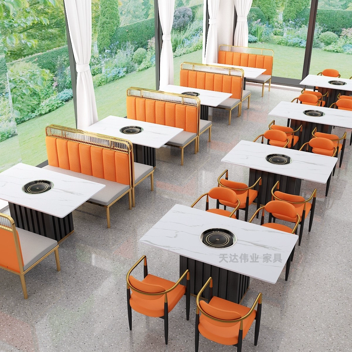 Стол для горячего горшка из массива дерева с мраморной столешницей, индукционной плитой, коммерческим грилем и комбо для горячего горшка, набор стола и стульев для бездымного горячего горшка.