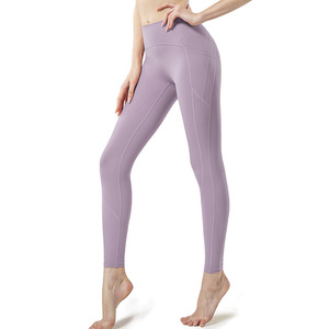 现货！亚马逊跨境运动紧身裤高腰提臀蜜桃裸感拼接口袋健身瑜伽裤