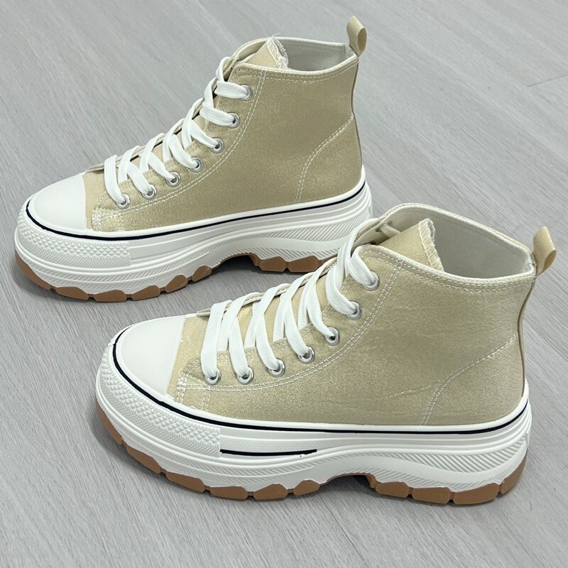 Popular High-Top Shoes 2026 Autumn and Summer New Style Height-Increasing Thick Sole Wave Sole Classic Black Sports Canvas Shoes