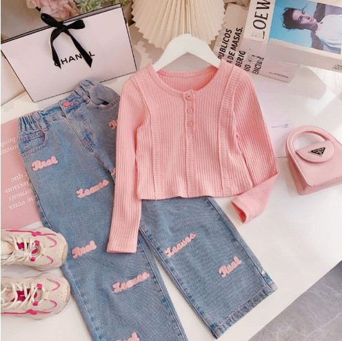 2024 Girls Spring Embroidered Denim Jeans Korean Style Fashion Top Design Pants New Baby Girl Set