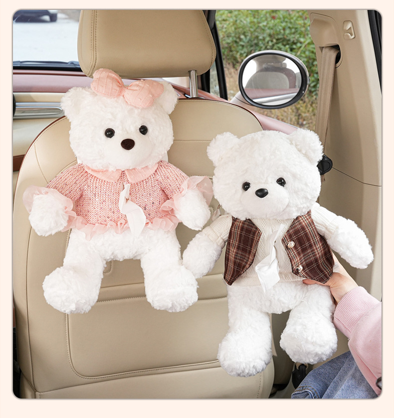Cartoon bear car tissue box, creative car tissue hanging bag, cute plush toy car hanging tissue box