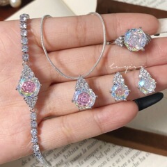 ライトラグジュアリー八角ミレニアムローズカットパライバペンダントネックレスブルーリングイヤリンググラデーションカラージェムセット女性用