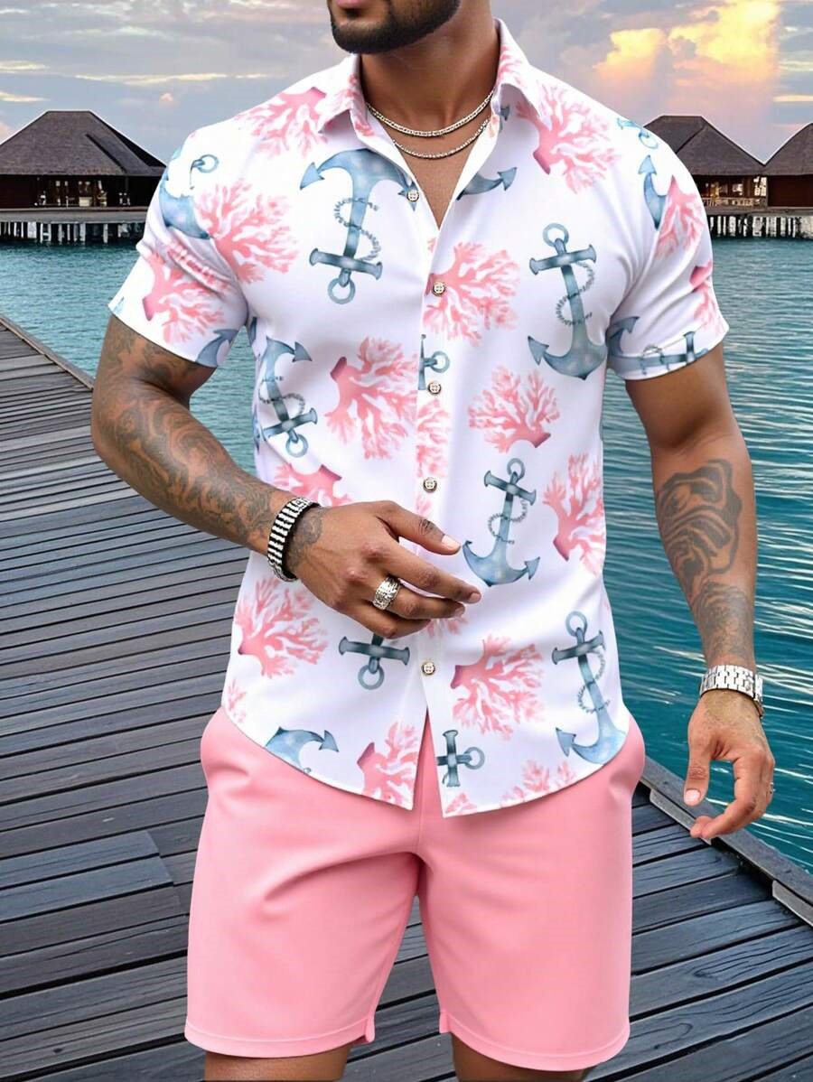 Men's Summer Beach Shorts Set With 3D Digital Print Black White Contrast Vacation Style Casual Short Sleeve_viptrois.com