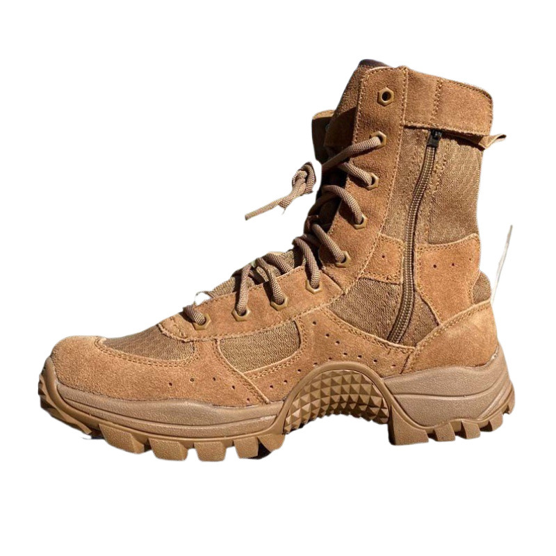 Nuevas botas de combate de malla marrón de verano transpirables ultraligeras para hombres con cremallera resistente al desgaste de alta altura contra pinchazo en el desierto