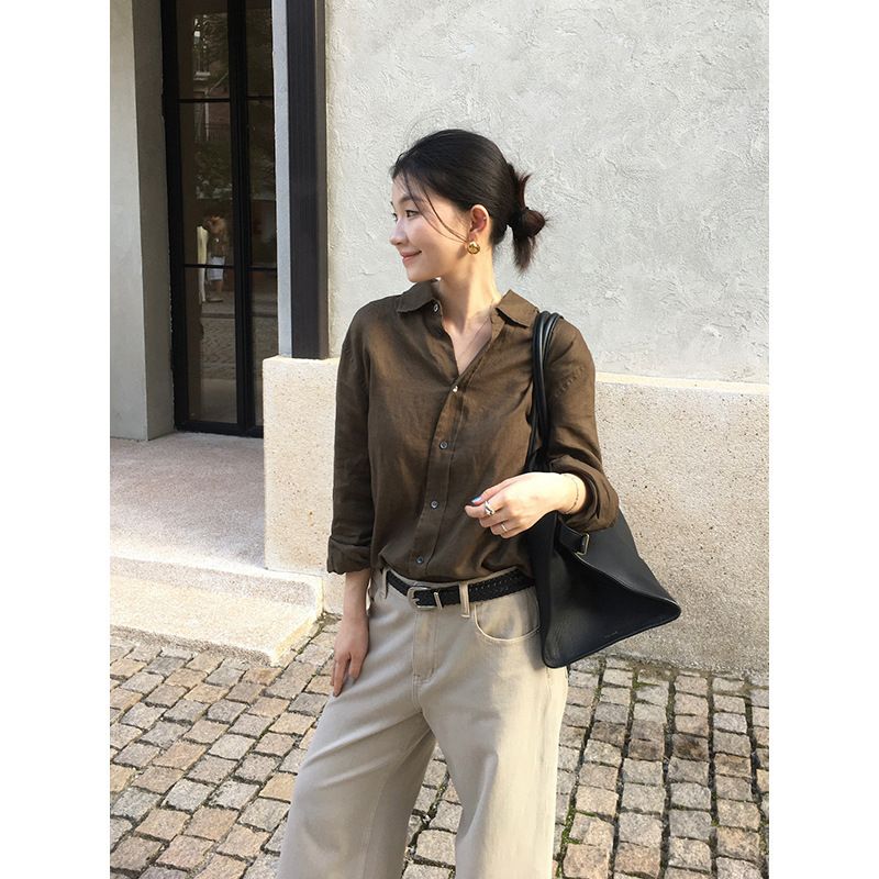 Yuanpai High-end 100% Linen Collared Shirt 2026 Autumn New Simple Loose Single-breasted Cardigan A6603 Yuanpai High-end 100% Linen Collared Shirt 2026 Autumn New Simple Loose Single-breasted Cardigan A6603