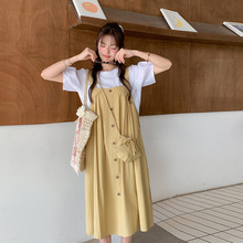 2025年夏装新款时尚两件套背带裙宽松慵懒风T恤++小包包柠檬黄