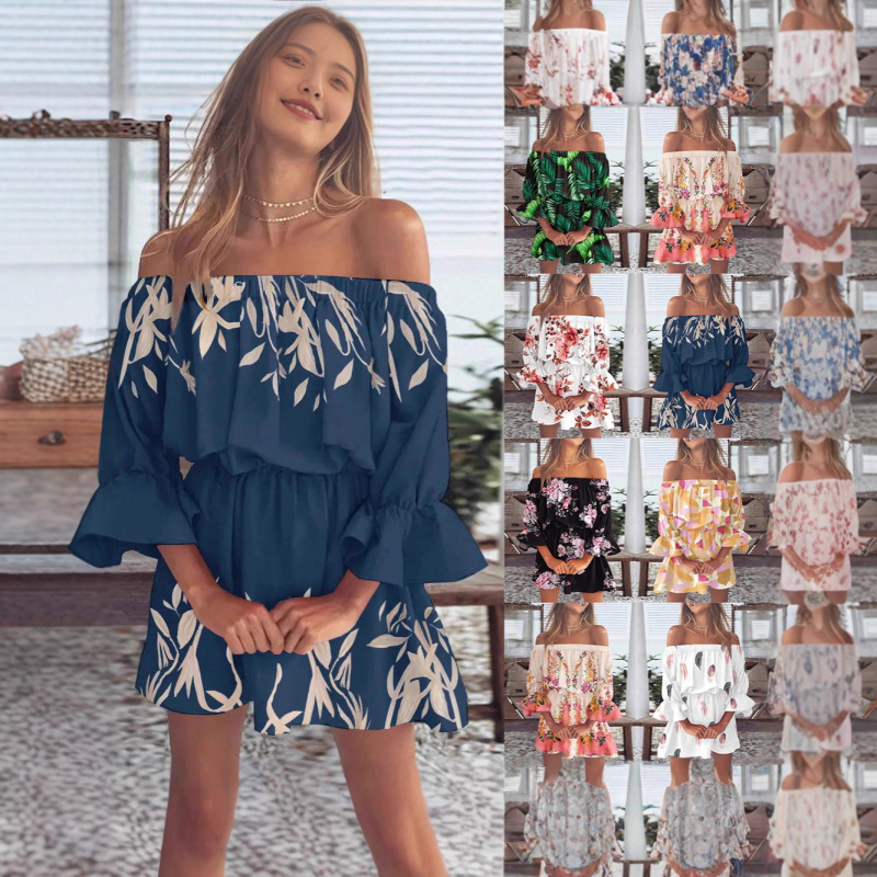 2023 European and American Cross-Border Amazon Independent Site Sexy Fashion One-Shoulder Printed Dress Women's Clothing in Stock