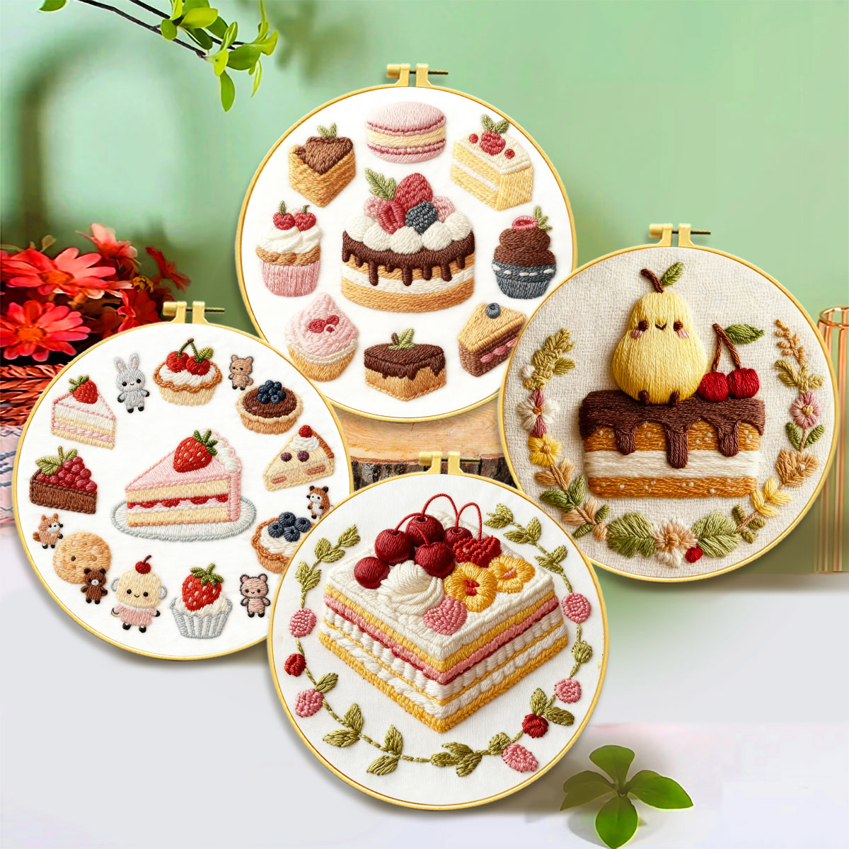 Nuevos productos transfronterizos bordados DIY material paquete de paquete de pastel de cuatro piezas simple lindo bordado artesanal de tela