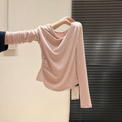 韩系甜妹斜肩领温柔长袖浅粉色打底恤女春秋季褶皱显瘦上衣黑色