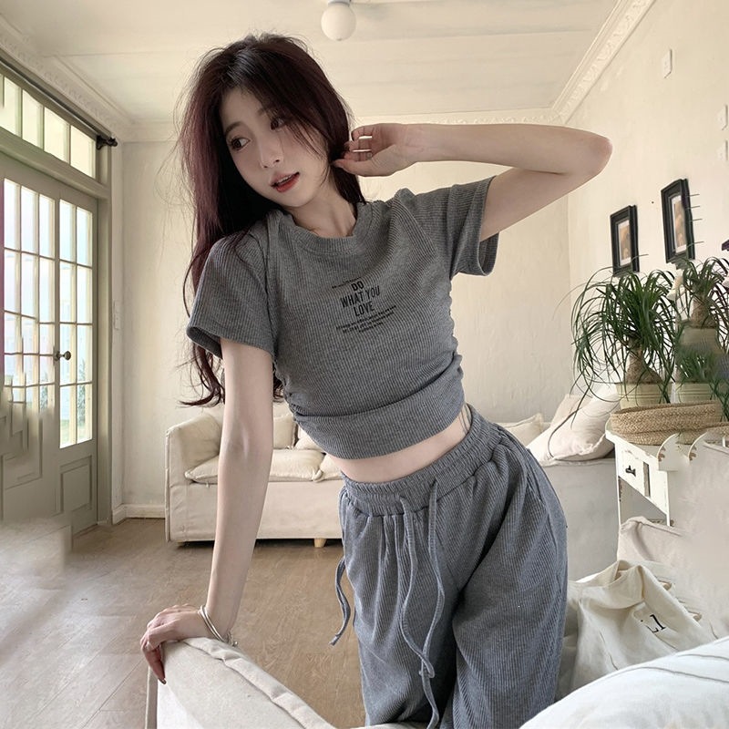 Women's Clothing Style Women's Two Piece Set Casual Gray Summer Top And Wide Leg Trousers Drawstring Tie Short Sleeved Outfit_ecoleips.com