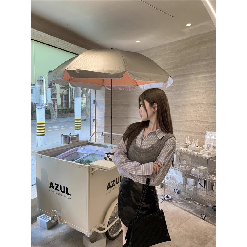 春秋季辣妹短款灰色马甲两件套上衣针织背心撞色条纹减龄长袖衬衫|undefined