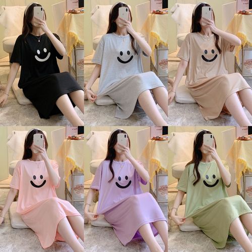 Internet celebrity live broadcast short-sleeved nightgown for women summer mid-length over-the-knee casual large size loose solid color smiling face home wear