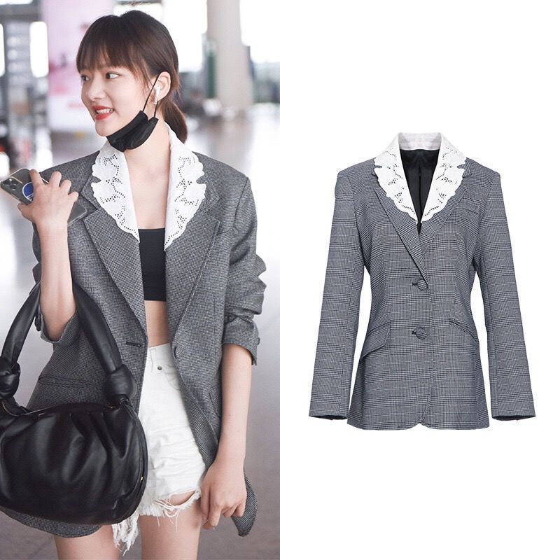 Song Zuer Ren Min star same style 2023 Autumn New Western style small suit Korean style coat heavy embroidery plaid suit