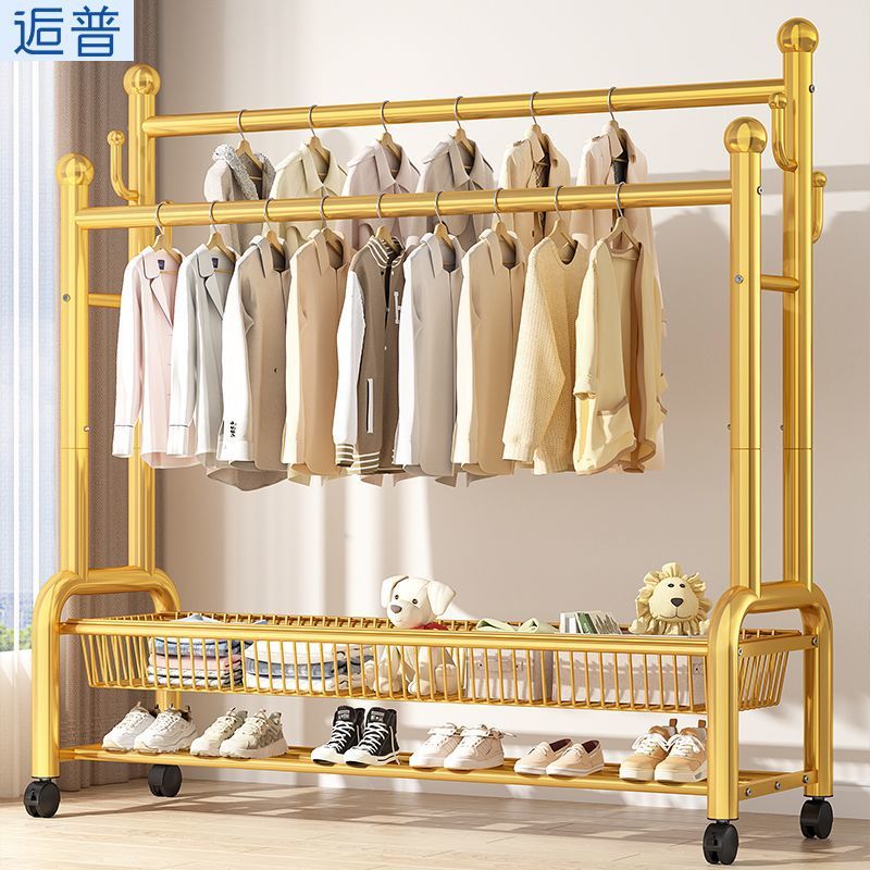 Extra-thick Hangers Bedroom Hangers Floor-standing Vertical Wheeled Clothes Hanger Multifunctional Double-row Thickened Coat Rack