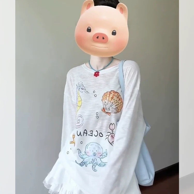 薄款卡通印花长袖防晒罩衫女夏季2025新款百搭慵懒微透中长款上衣|undefined