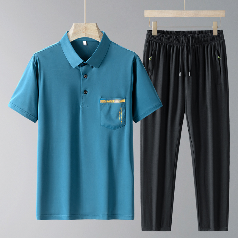 Traje de seda de hielo de verano, polo para hombre, traje casual de manga corta de solapa delgada de dos piezas, pantalones sueltos de secado rápido para hombre