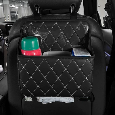 Car seat storage hanging bag car supplies car trash can multifunctional chair back storage bag umbrella storage box (Car storage bag/box) - diamond-shaped-grid-black-no-built-in-waterproof-bucket