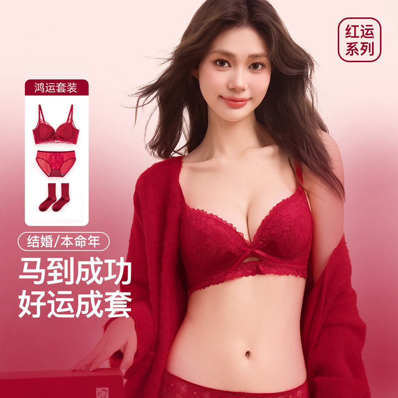 2026 Year of the Horse Wedding Red Lingerie Set for Women, Small Bust Push-Up, Wireless Sexy Lace Bra 2026 Year of the Horse Wedding Red Lingerie Set for Women, Small Bust Push-Up, Wireless Sexy Lace Bra