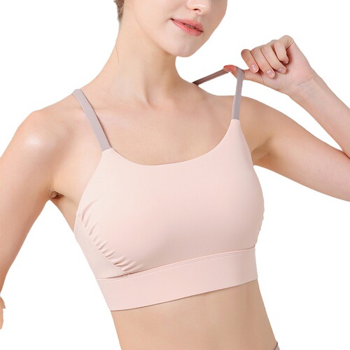 New cross spaghetti straps, contrasting color, beautiful back sports bra, detachable one-piece cup, pleated design, bust bar