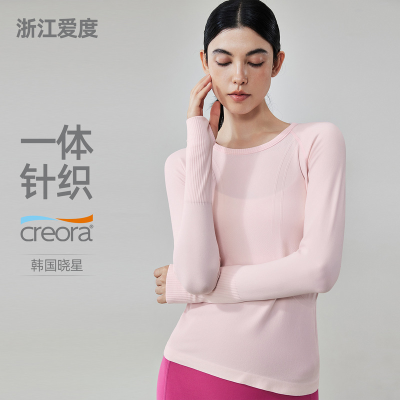 Seamless Knitted Yoga Clothes, Long-Sleeved, Belly-Covering, Round-Neck, Slim-Fitting, High-End Running and Fitness Tops for Women's Fitness