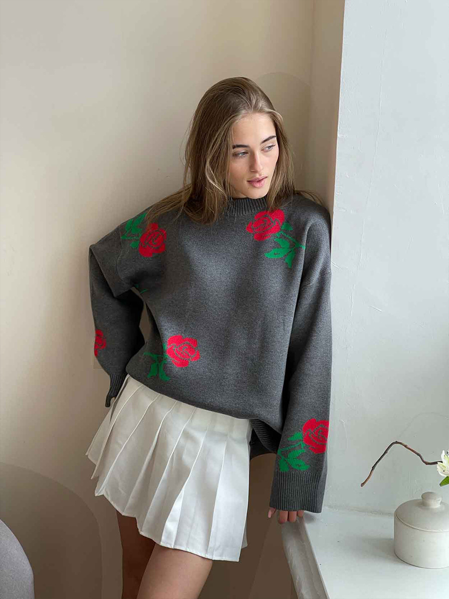 Suéter de cuello redondo transfronterizo Europa y los Estados Unidos 2025, otoño y invierno, nuevo estilo de mujer, suéter de cuello redondo de color rosa suelto